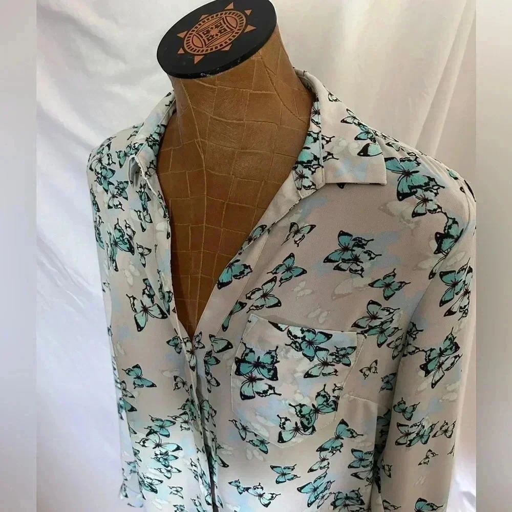 The Limited Ashton Butterfly Print Button Down Blouse Teal Cream Small - Picture 3 of 7